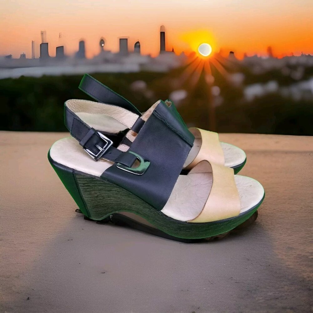 ✅JAJAMBU Gem Women's 9M Leather Sport Platform Wedge Comfort Black/Brown Sandals
